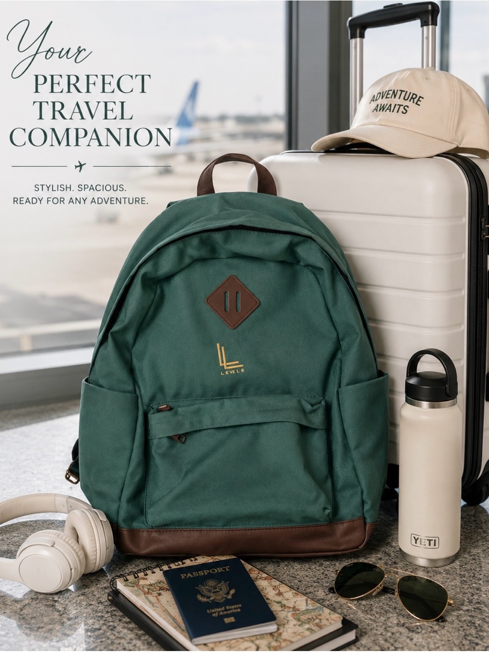 Loulu Green Canvas Vegan Leather Backpack Travel School Laptop Bag - Picture 2 of 8